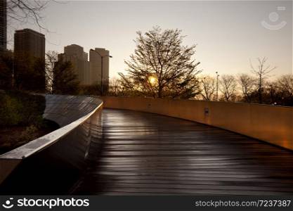 Chicago, Illinois, United States - BP Pedestrian Bridge designed by Frank Gehry at Millenium Park.