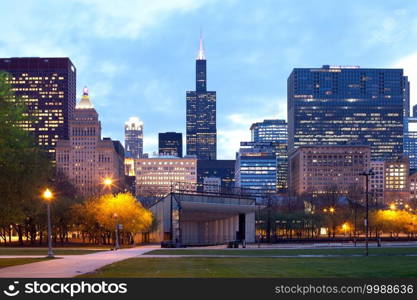 Chicago, Illinois, United States - Skyline of buildings at The Loop with Willis Tower.