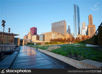 Chicago, Illinois, United States - The Lurie Garden at Millennium Park and Michigan Avenue Skyline.