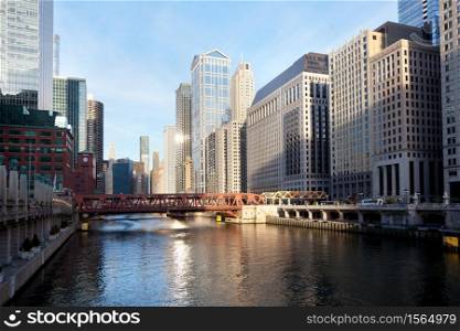 Chicago, Illinois, United States - View of Chicago River at at downtown at sunrise.