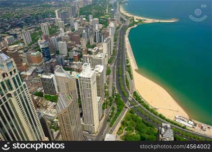 Chicago skyline aerial view. No brand names or copyright objects.