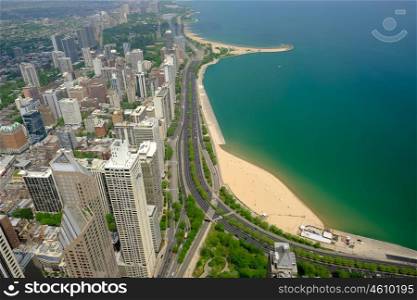 Chicago skyline aerial view. No brand names or copyright objects.