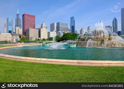 Chicago skyline and Buckingham Fountain in the morning. No brand names or copyright objects.