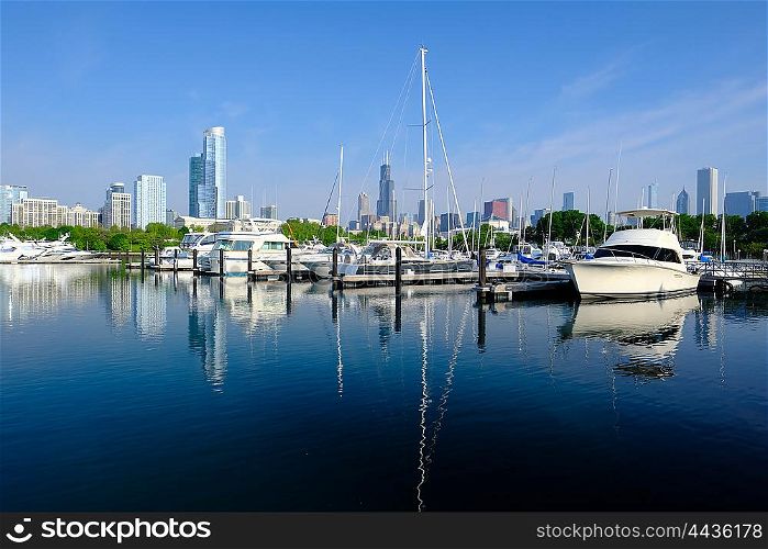 Chicago skyline in the morning with urban marina in front. No brand names or copyright objects.