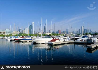 Chicago skyline in the morning with urban marina in front. No brand names or copyright objects.