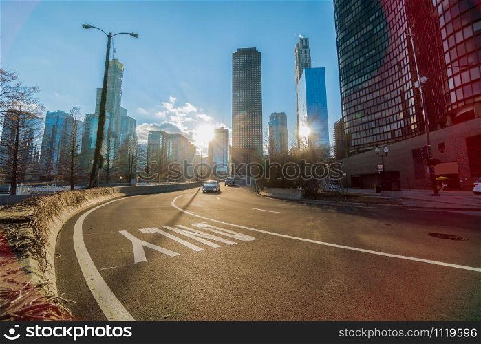 Chicago street bridge with traffic among modern buildings near Navy Pier in Chicago, Illinois, United States, Business and Modern Transportation concept