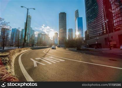 Chicago street bridge with traffic among modern buildings near Navy Pier in Chicago, Illinois, United States, Business and Modern Transportation concept