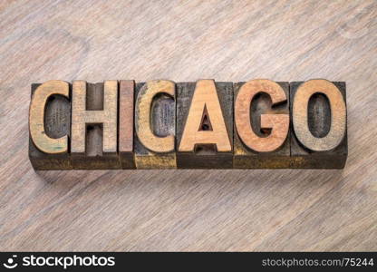 Chicago word abstract in vintage letterpress wood type against grained wooden background