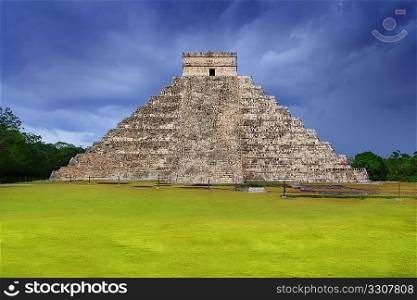 Chichen Itza el Castillo Kukulcan Mayan temple cloudy sky Mexico Yucatan