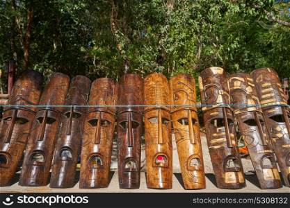 Chichen itza Mayan handcrafted wooden masks in Yucatan Mexico