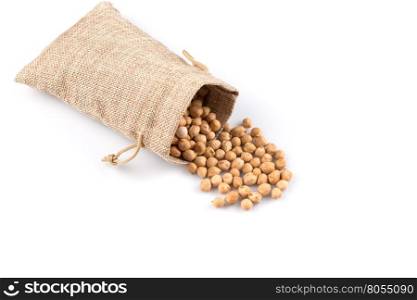 Chick-pea in hessian sack. Beans isolated on a white background. Close-up.