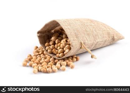 Chick-pea in hessian sack. Beans isolated on a white background. Close-up.