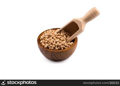 Chick-pea in wooden bowl. Beans isolated on a white background. Close-up.
