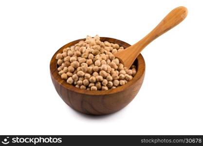 Chick-pea in wooden bowl. Beans isolated on a white background. Close-up.