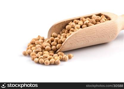 Chick-pea in wooden scoop. Beans isolated on a white background. Close-up.