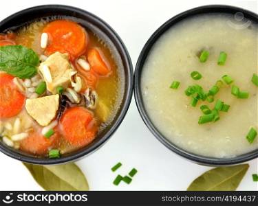 Chicken And Wild Rice Soup And Potato Cream Soup, Top View