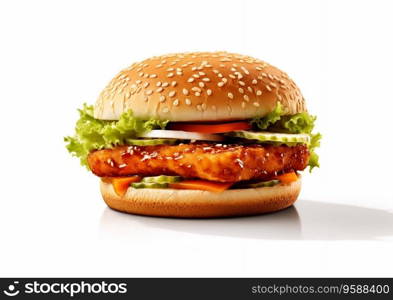 Chicken breaded fillet burger with lettuce,tomato,onion and sauce on white background.Ai Generative