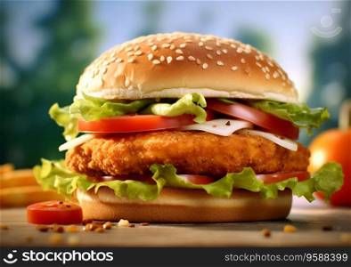 Chicken breaded fillet burger with lettuce,tomato,onion and sauce on wooden table.Ai Generative