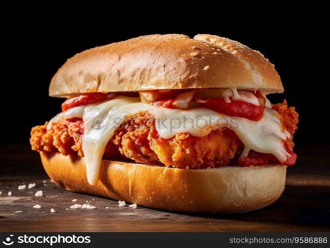 Chicken breaded fillet sandwich sub with parmesan cheese and sauce.AI generative.