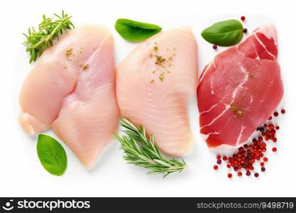 Chicken breast meat and herbs isolated on white, Generative AI