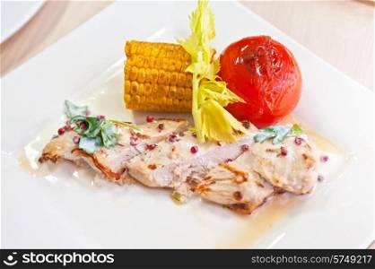 chicken breast meat with grilled vegetable. chicken breast