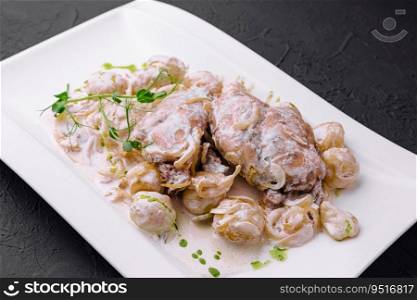 Chicken breast, potatoes and sauce on plate