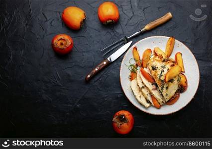 Chicken breast roasted with persimmon. Chicken meat baked with fruit. Space for text. Chicken meat fried with fruit