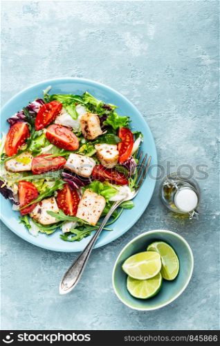 chicken breast salad with fresh vegetables top view and space for a text