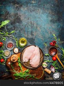 Chicken breast, wooden spoon and fresh delicious ingredients for cooking on rustic background, top view,frame. Healthy, diet food or Sports nutrition concept.
