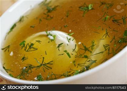 Chicken broth with dill and egg.closeup