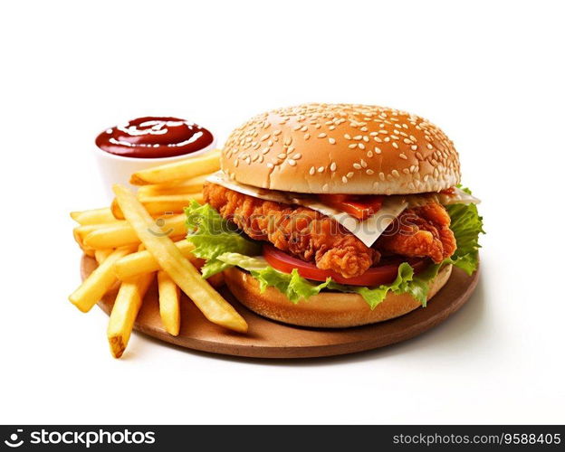 Chicken burger meal with fries and tomato sauce on white background.AI Generative