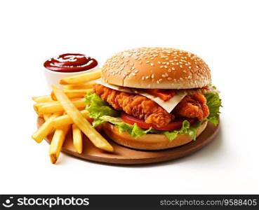 Chicken burger meal with fries and tomato sauce on white background.AI Generative