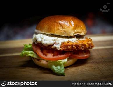 Chicken burger on a wooden table in front of a fireplace.