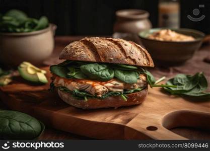 chicken burger with basil, healthy food generative ai.