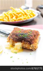 Chicken cordon bleu with deep fried potato