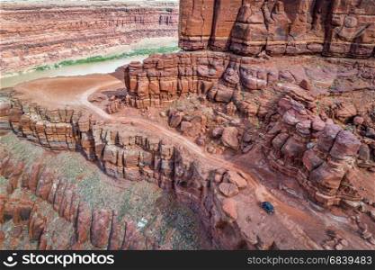 Chicken Corner Road on the edge of Colorado River Canyon, a popular 4WD trail in the Moab area, Utah - aerial view
