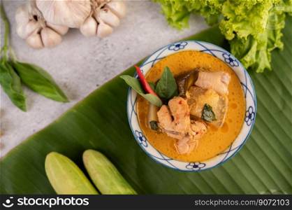 Chicken curry with Wax gourd in a ceramic cup, Selective focus.
