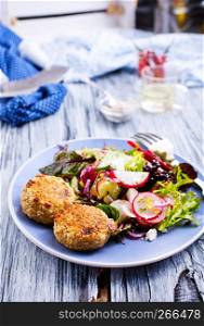 chicken cutlets and greeck salad on plate