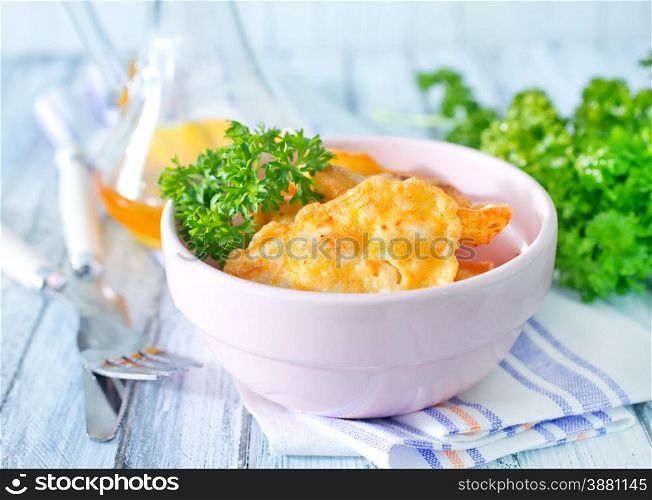chicken cutlets in bowl and on a table