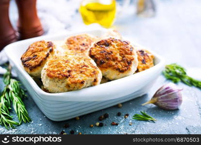 chicken cutlets in white bowl and on a table
