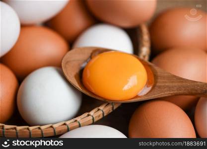 Chicken eggs and duck eggs collect from farm products natural in a basket healthy eating concept, Fresh broken egg yolk