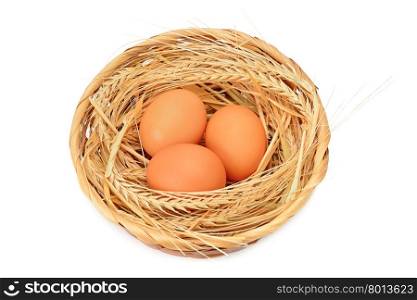 Chicken eggs in basket isolated on white background