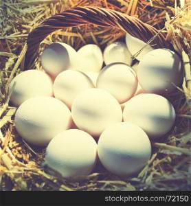 Chicken eggs in basket. Toned image