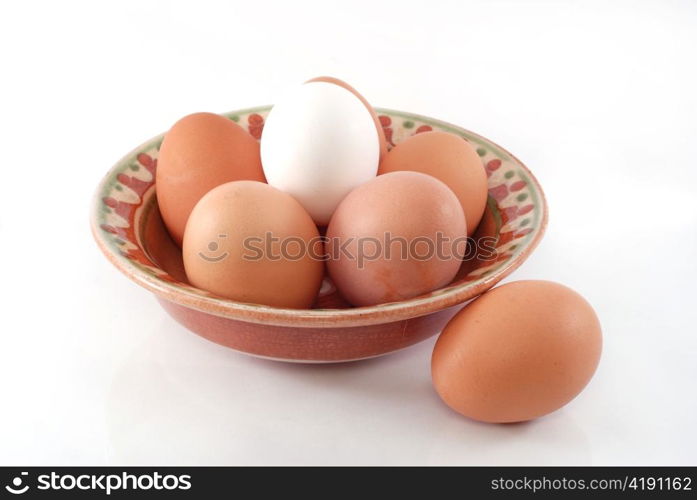 Chicken eggs in pottery