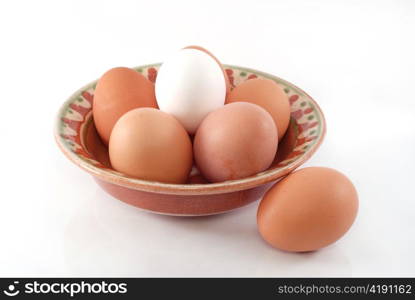 Chicken eggs in pottery