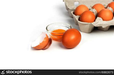 Chicken eggs in pulp egg carton isolated on white background