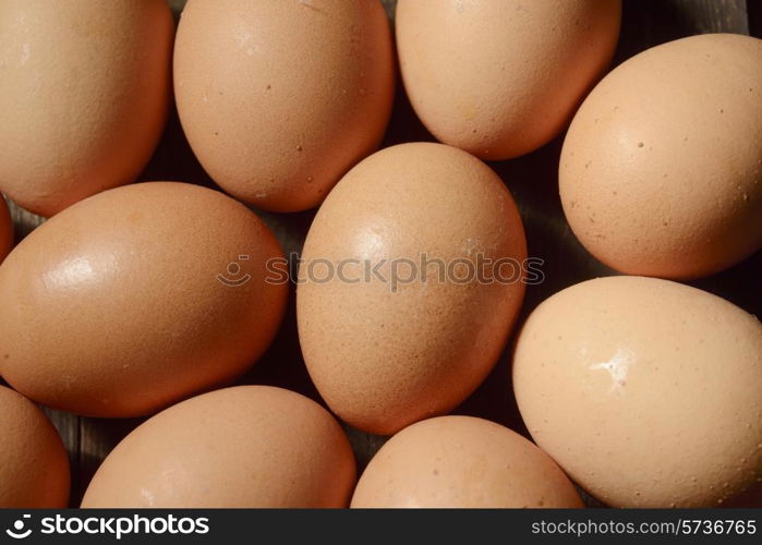 chicken eggs on a dark wooden background