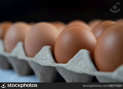 Chicken eggs placed on an egg tray. Close-up.