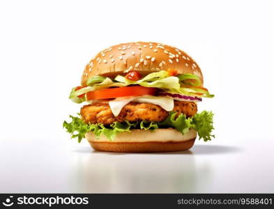 Chicken fillet burger and lettuce and tomato on white background.Ai Generative