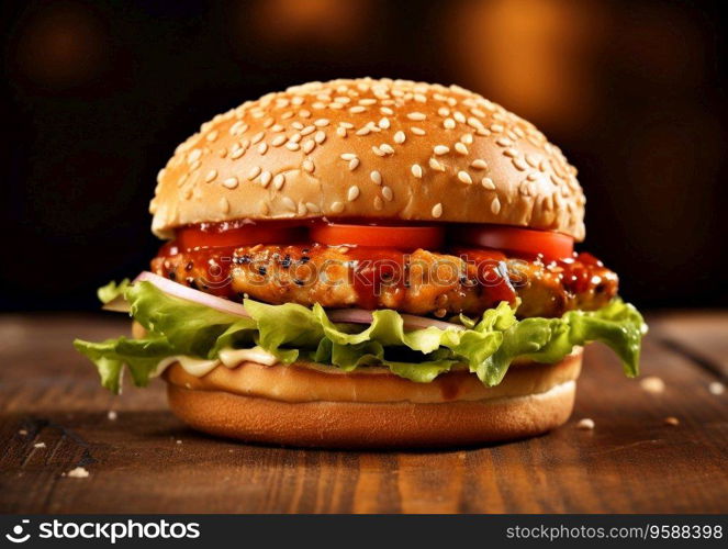 Chicken fillet burger and lettuce and tomato on wooden table.Ai Generative